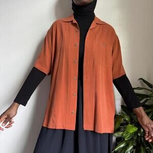 vintage 100% Silk unisex button up short sleeves shirt M‎